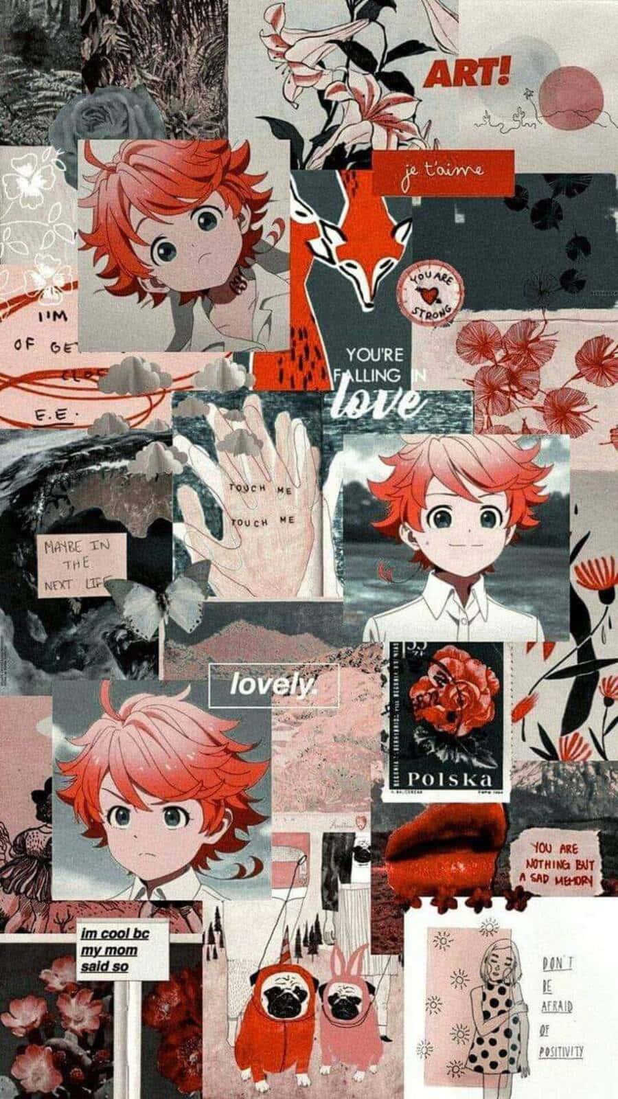 The Promised Neverland Emma 桌布 壁紙 — 一幅充滿活力的動漫拼貼畫， featuring 紅髮角色、花卉圖案和浪漫文字疊加，營造出憂鬱的粉紅與黑色美學。