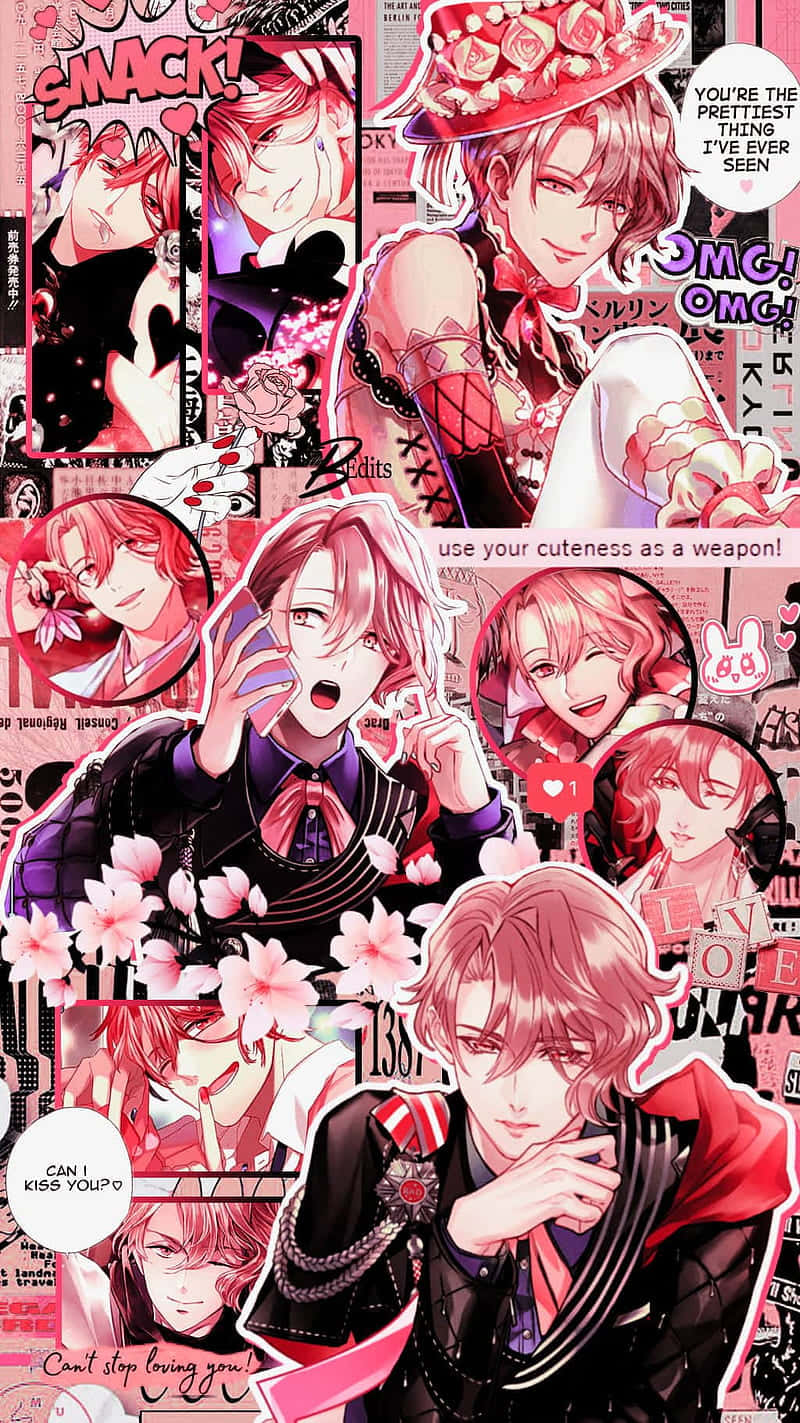  壁紙 — 一幅充滿活力的動漫拼貼畫，描繪了多個粉紅色頭髮的男性角色，出現在浪漫的漫畫面板中，帶有櫻花和粗體文字疊加。