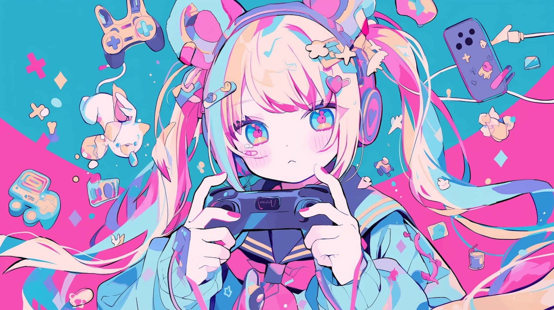 Needy Streamer Overload 桌布 壁紙 — 一個充滿活力的動漫女孩，擁有粉紅色和藍色頭髮，在霓虹粉紅和青綠色的背景中，被漂浮的遊戲設備包圍，玩著遊戲控制器。