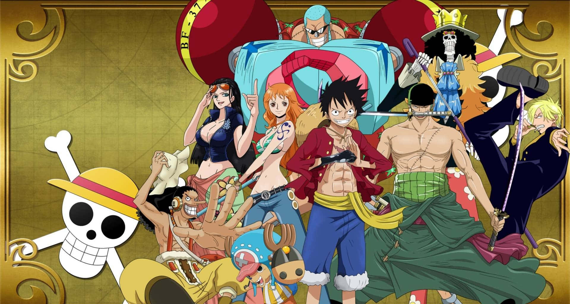動畫海盜船員，手持劍，金色背景上有骷髏標誌。