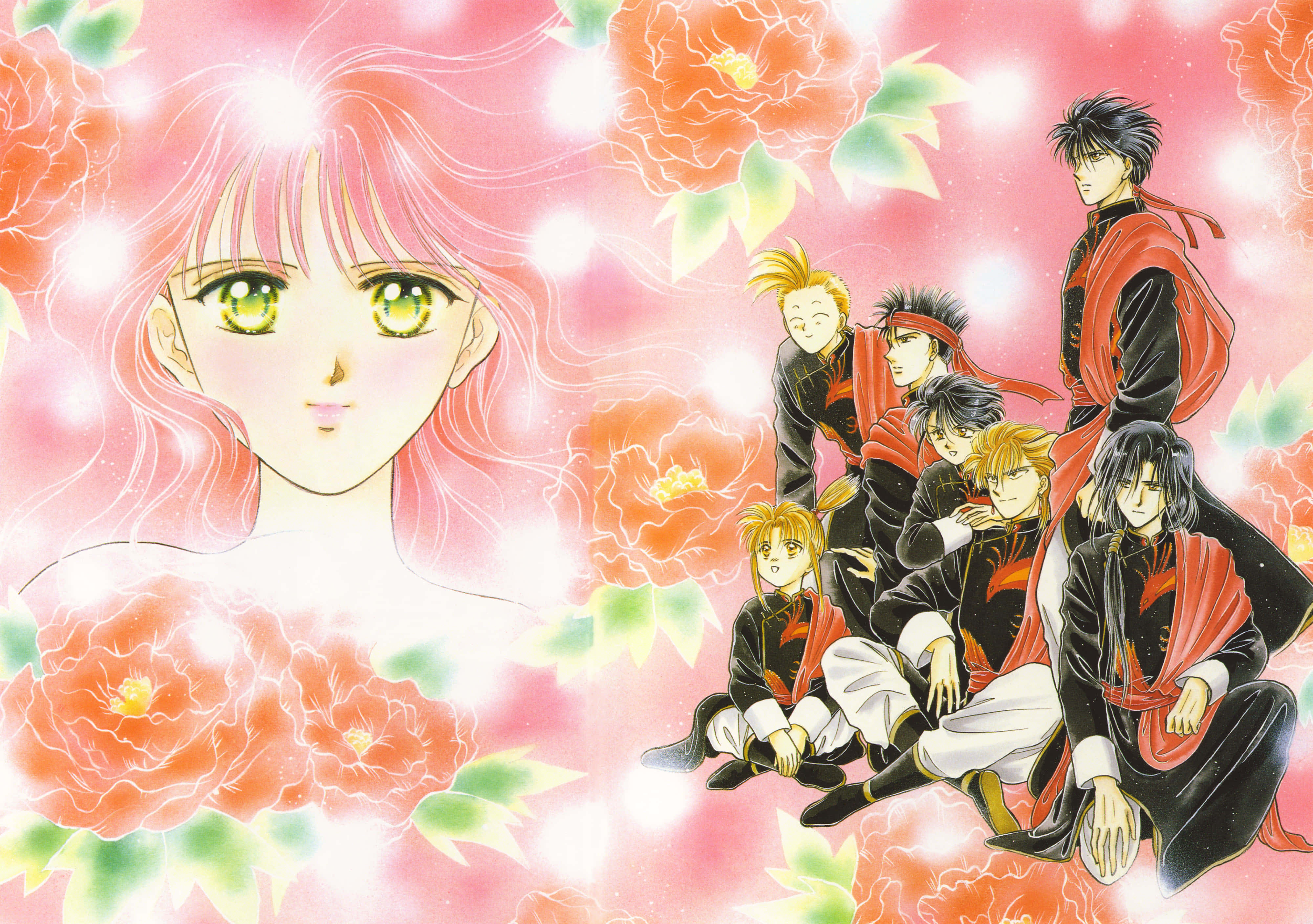 Fushigi Yuugi Nuriko 桌布 壁紙 — 一個充滿活力的動漫場景，有一個粉紅色頭髮、綠色眼睛的女孩，被大花和七個穿著紅色和黑色服裝的男性角色包圍。