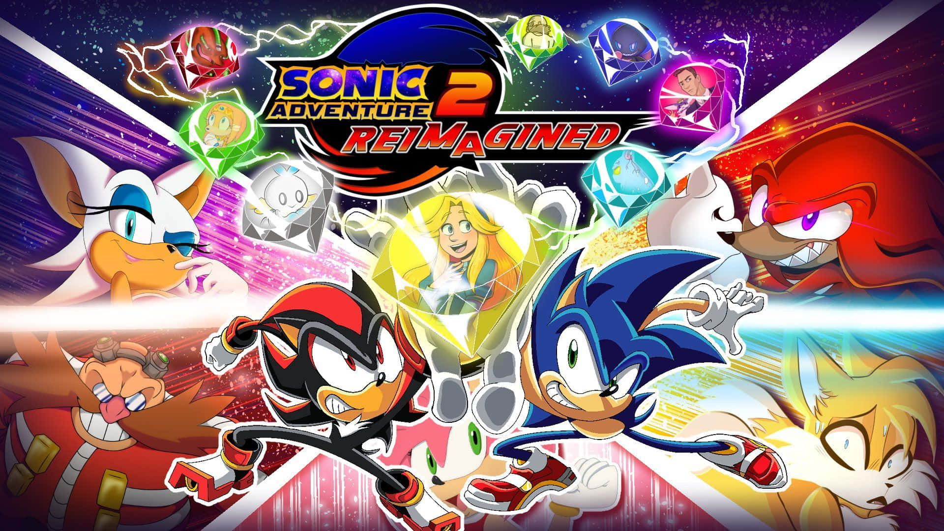  壁紙 — 來自《Sonic Adventure 2 Reimagined》嘅鮮豔動漫風格角色喺宇宙星空背景下充滿活力。