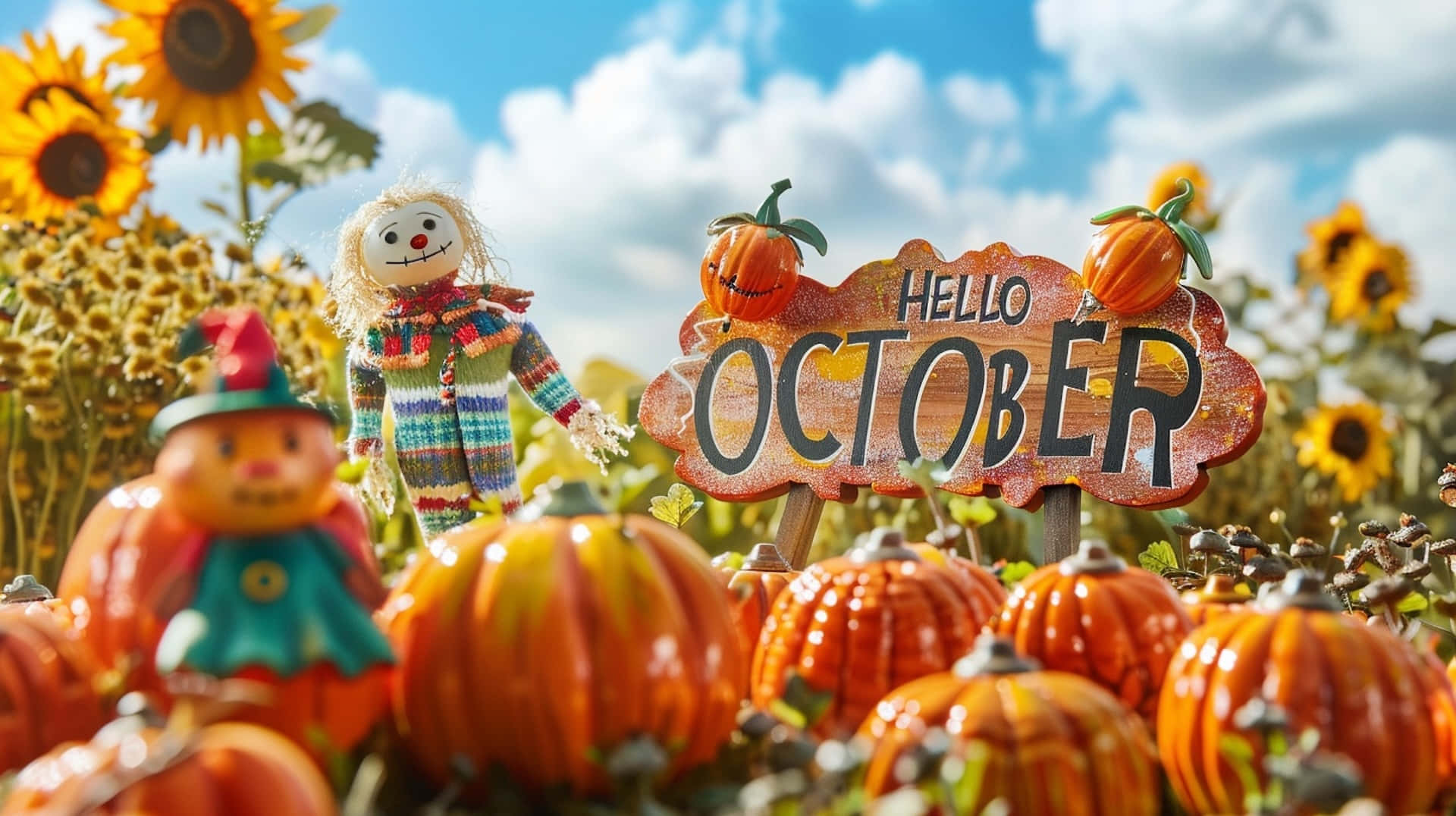 October Desktop 桌布 壁紙 — 充滿活力的秋日田野，南瓜、稻草人和向日葵在明亮藍天和蓬鬆白雲下。