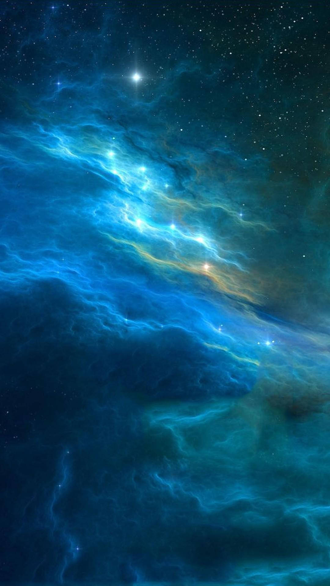深空中帶有星星的發光藍色和藍綠色星雲。
