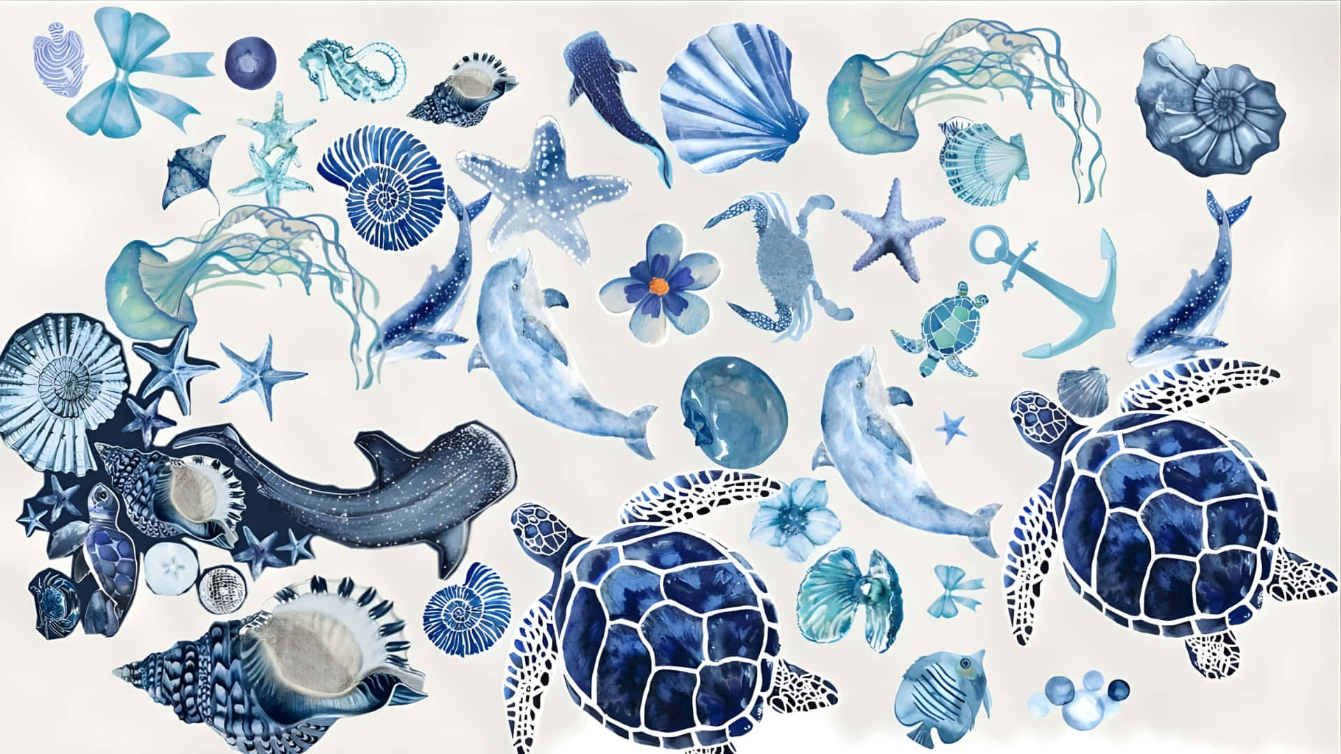  壁紙 — 一幅充滿活力的藍色水彩拼貼畫，描繪了海洋生物、貝殼和海洋生物漂浮在淺色背景上。