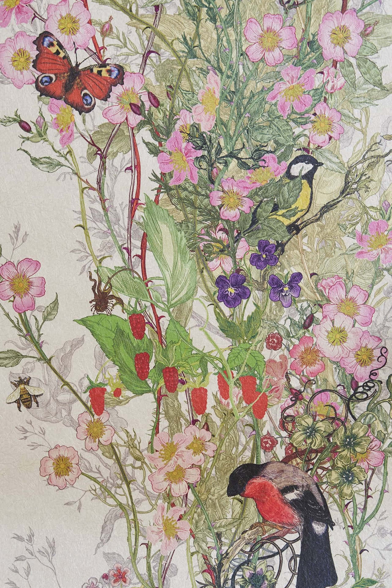 柔和粉彩色調的植物插圖，包含鳥類、蝴蝶和花朵。 — 唯美蝴蝶動圖 壁紙