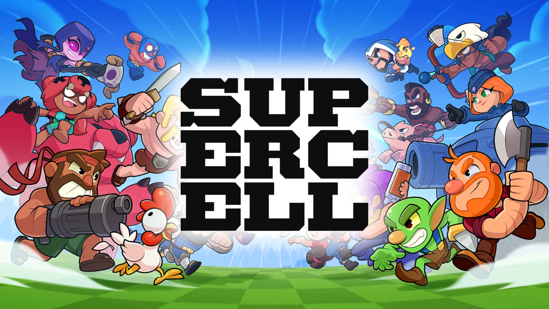  壁紙 — 來自Supercell的鮮豔卡通角色，在明亮的藍天下以粗體標題文字向前衝刺。