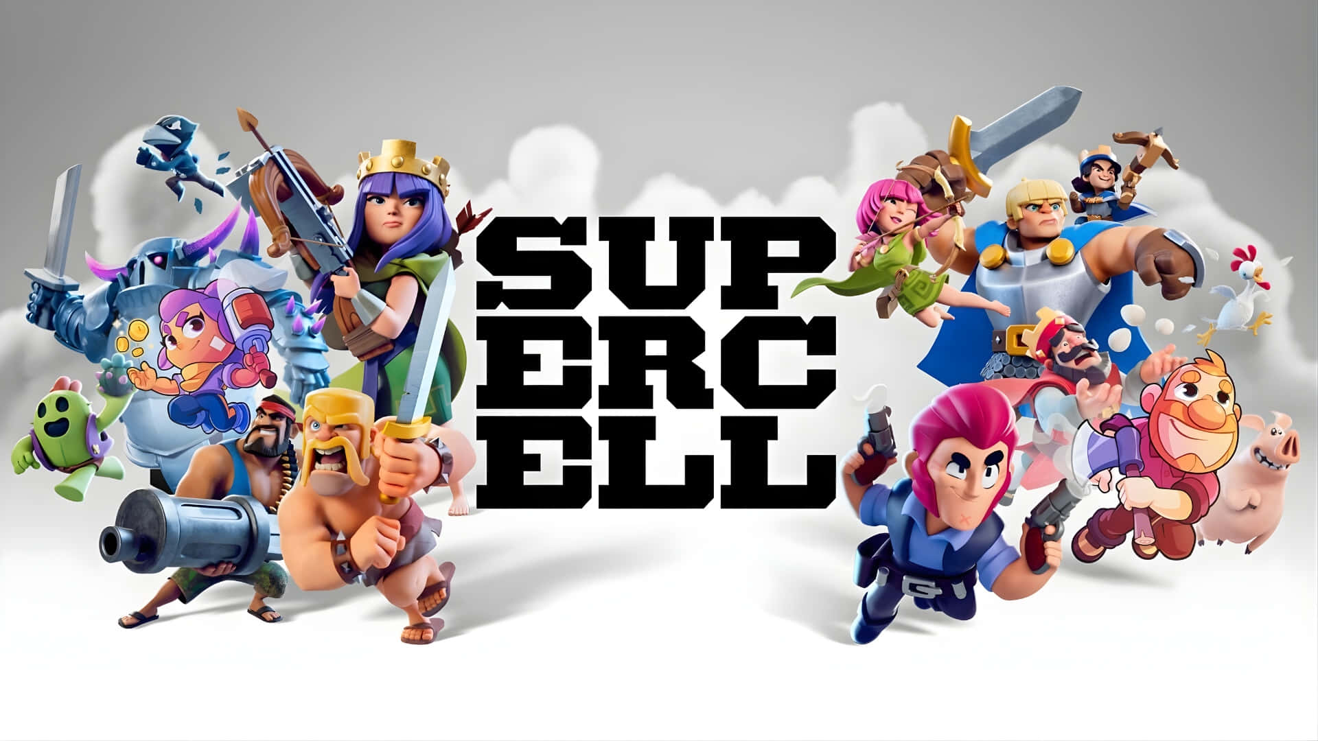  壁紙 — 來自Supercell遊戲的鮮豔卡通角色在柔軟雲朵背景前圍繞著大膽標誌動態擺姿勢。