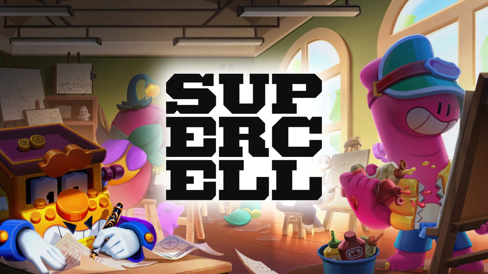  壁紙 — 色彩繽紛的卡通角色在雜亂的藝術工作室中，粗體「Supercell」文字佔據中心位置。