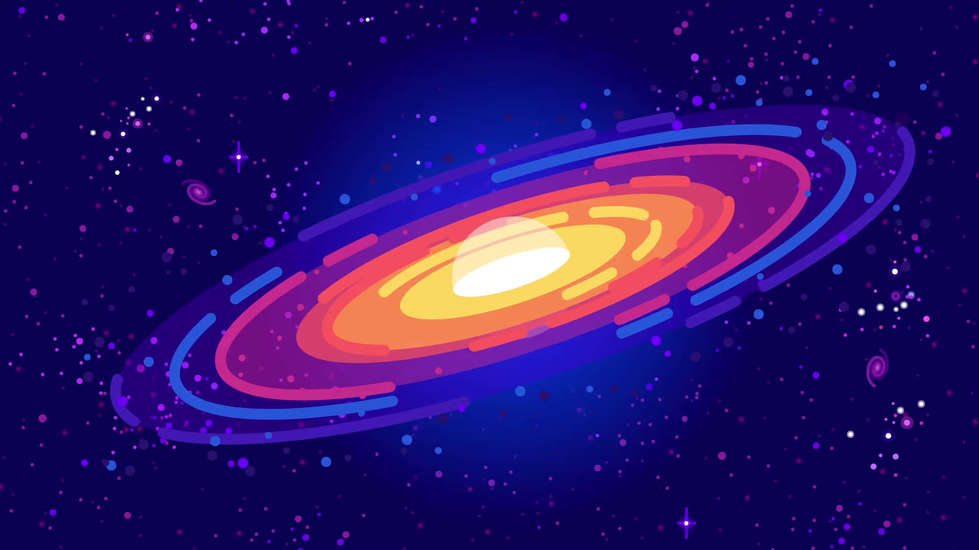 Kurzgesagt 銀河系 壁紙 — 一個充滿活力的卡通星系，帶有發光的橙色和紫色環，在繁星點點的深藍色宇宙背景下旋轉。