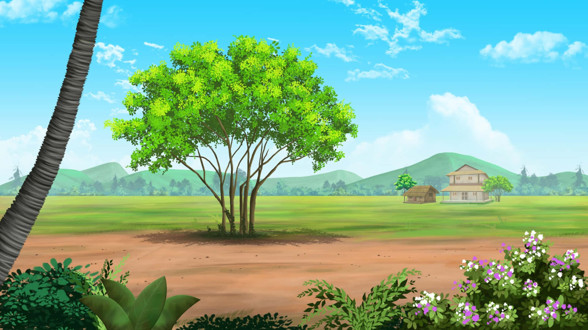  壁紙 — 一個充滿活力的卡通風景，描繪了陽光明媚的田野中一棵茂盛的綠樹，遠處有山丘和一間小屋，天空湛藍。