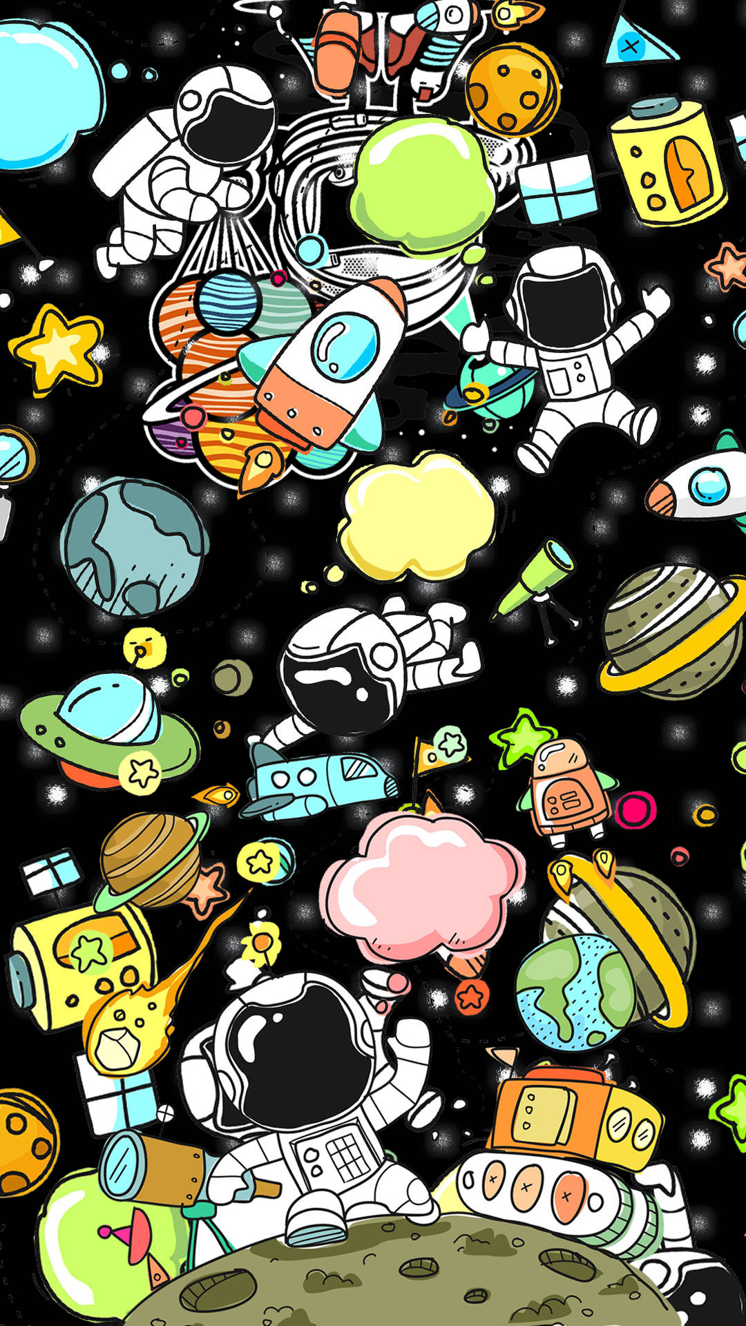 卡通太空人和火箭在色彩繽紛的行星和星星之間漂浮在太空中。
