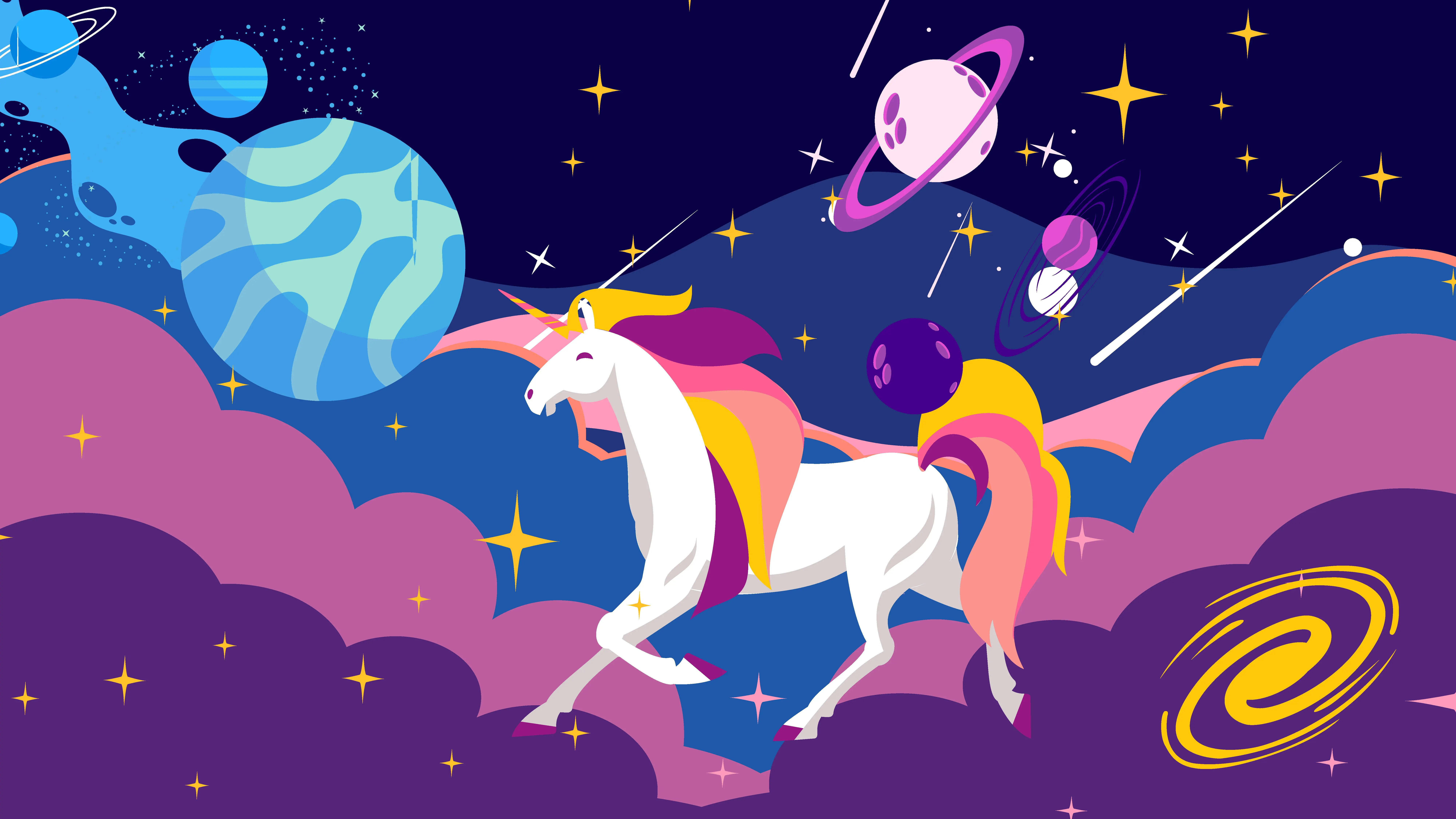 一隻帶有彩虹鬃毛的白色獨角獸在佈滿行星和星系的星空宇宙場景中奔騰。