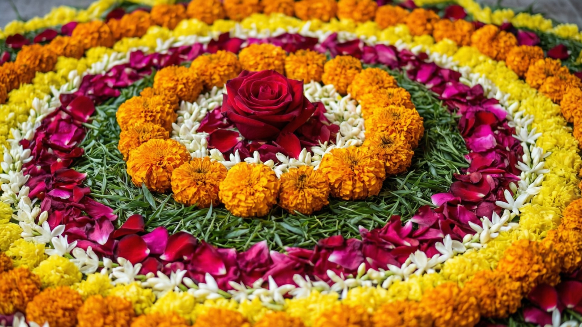 Onam 桌布 壁紙 — 一個充滿活力的圓形花卉佈置，中央有一朵紅玫瑰，周圍環繞著橙色的萬壽菊、粉紅色的玫瑰花瓣和白色的茉莉花，呈同心圓狀排列在綠色草地上。