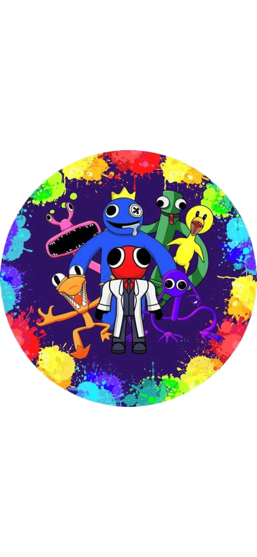  壁紙 — 一個充滿活力的圓形插圖展示了一個藍色戴冠的角色，頭部為紅色，被色彩繽紛的卡通怪物包圍，背景為紫色並帶有油漆飛濺。