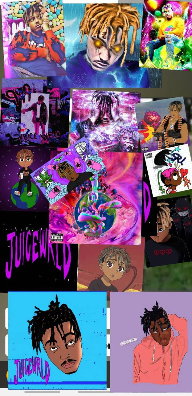 Juice WRLD 的專輯封面和藝術作品的拼貼畫，以鮮豔的數位插圖呈現。