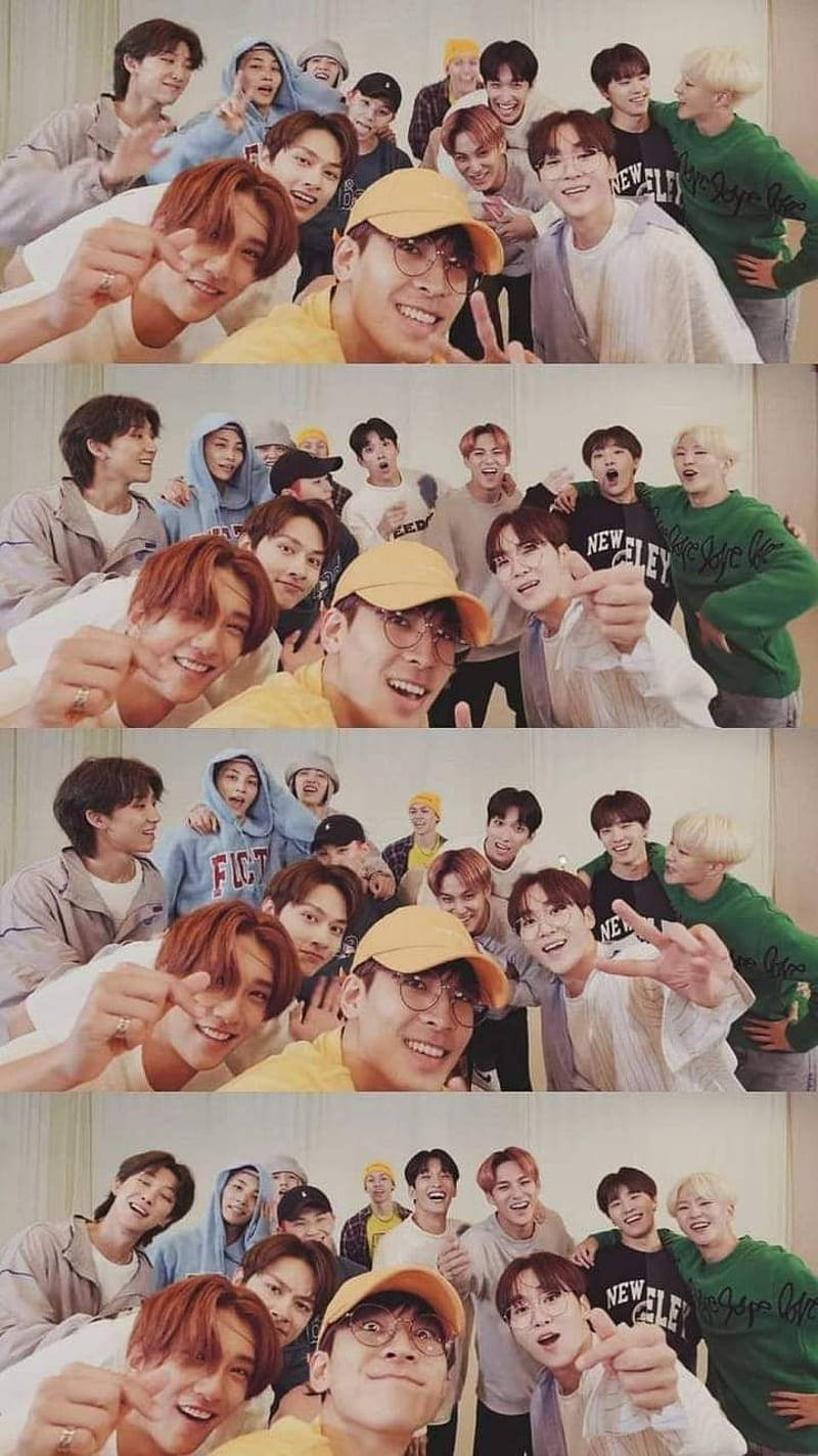 SEVENTEEN《Snap Shoot》舞蹈畫面壁紙 壁紙 — 一幅充滿活力的拼貼畫，展示一個K-pop團體穿著休閒街頭服飾，帶著燦爛笑容和俏皮姿勢，充滿活力地擺姿勢。