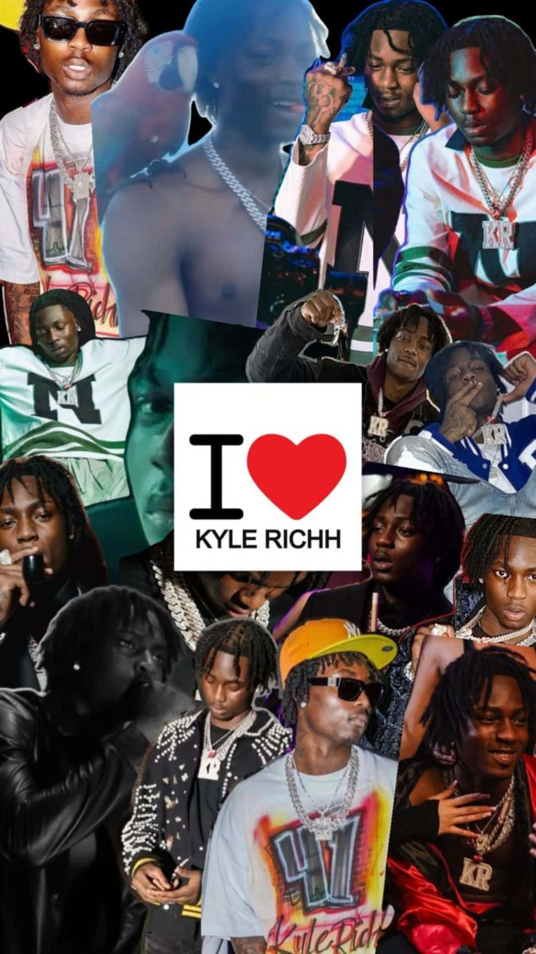  壁紙 — 以搶眼的 I heart Kyle Richh 標誌為中心，展示 Kyle Richh 各種姿勢和服裝的充滿活力的拼貼畫。