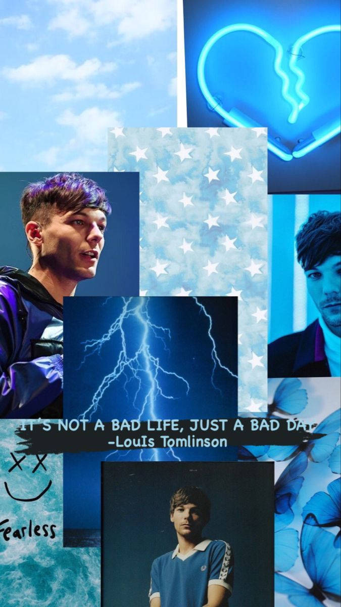 Louis Tomlinson 照片、破碎霓虹心、閃電、蝴蝶和星星的拼貼畫，附有引言。