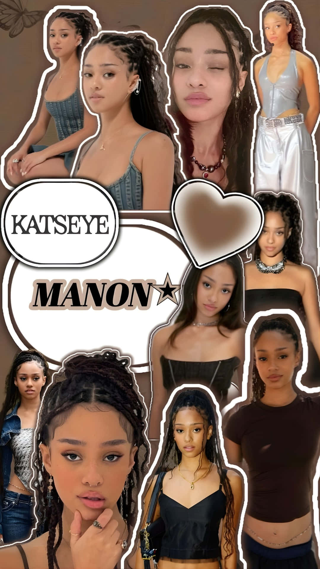  壁紙 — 一幅充滿活力的拼貼畫，展示KATSEYE的Manon，以風格化的粉絲藝術佈局呈現多樣化的服裝和表情。