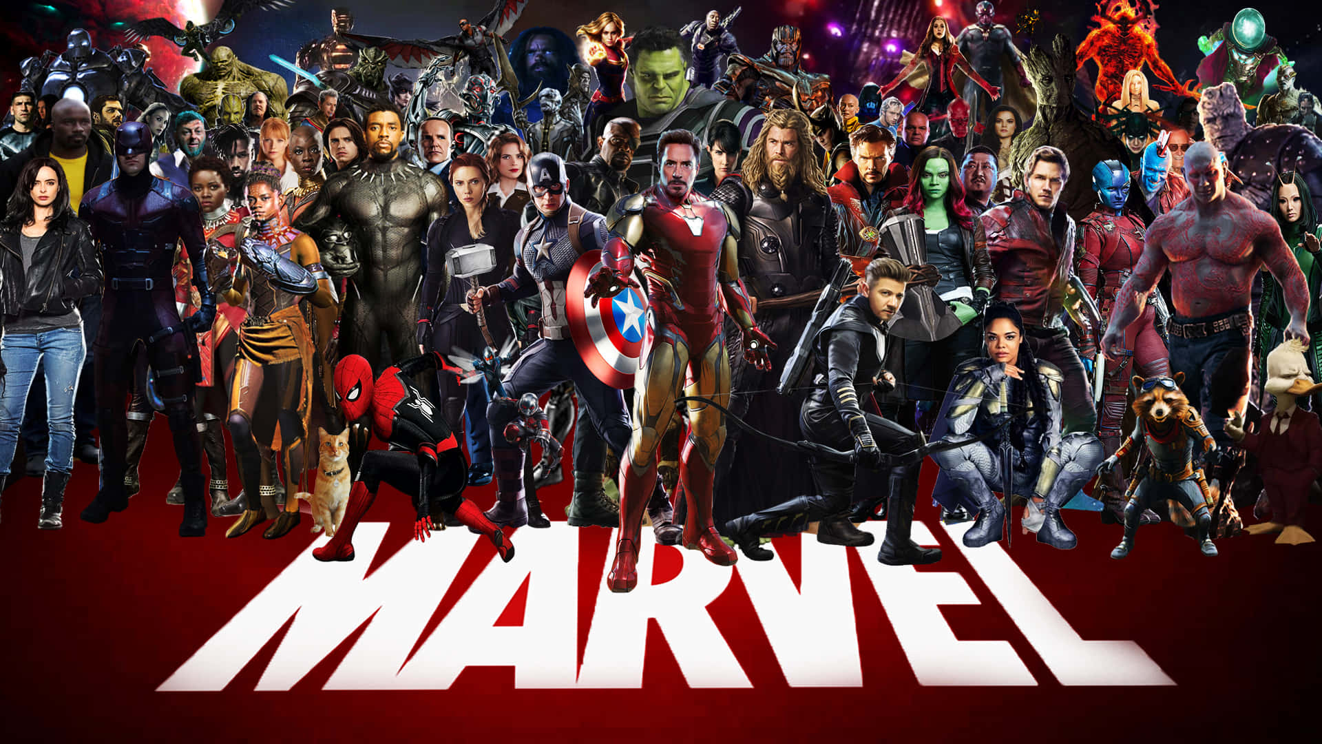  壁紙 — 一幅充滿活力的Marvel超級英雄與反派在深色背景前一起擺姿勢的拼貼畫，底部有醒目的白色Marvel標誌。