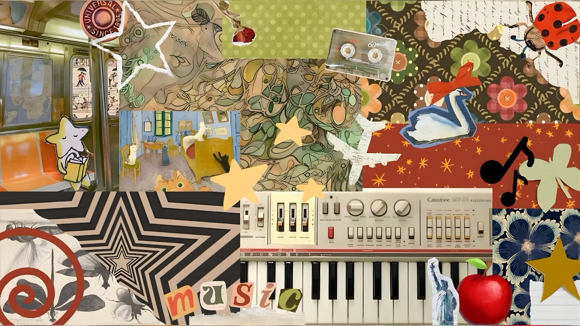  壁紙 — 一幅充滿活力的音樂主題插圖拼貼畫，包括鍵盤、卡式錄音帶和瓢蟲，背景帶有圖案。