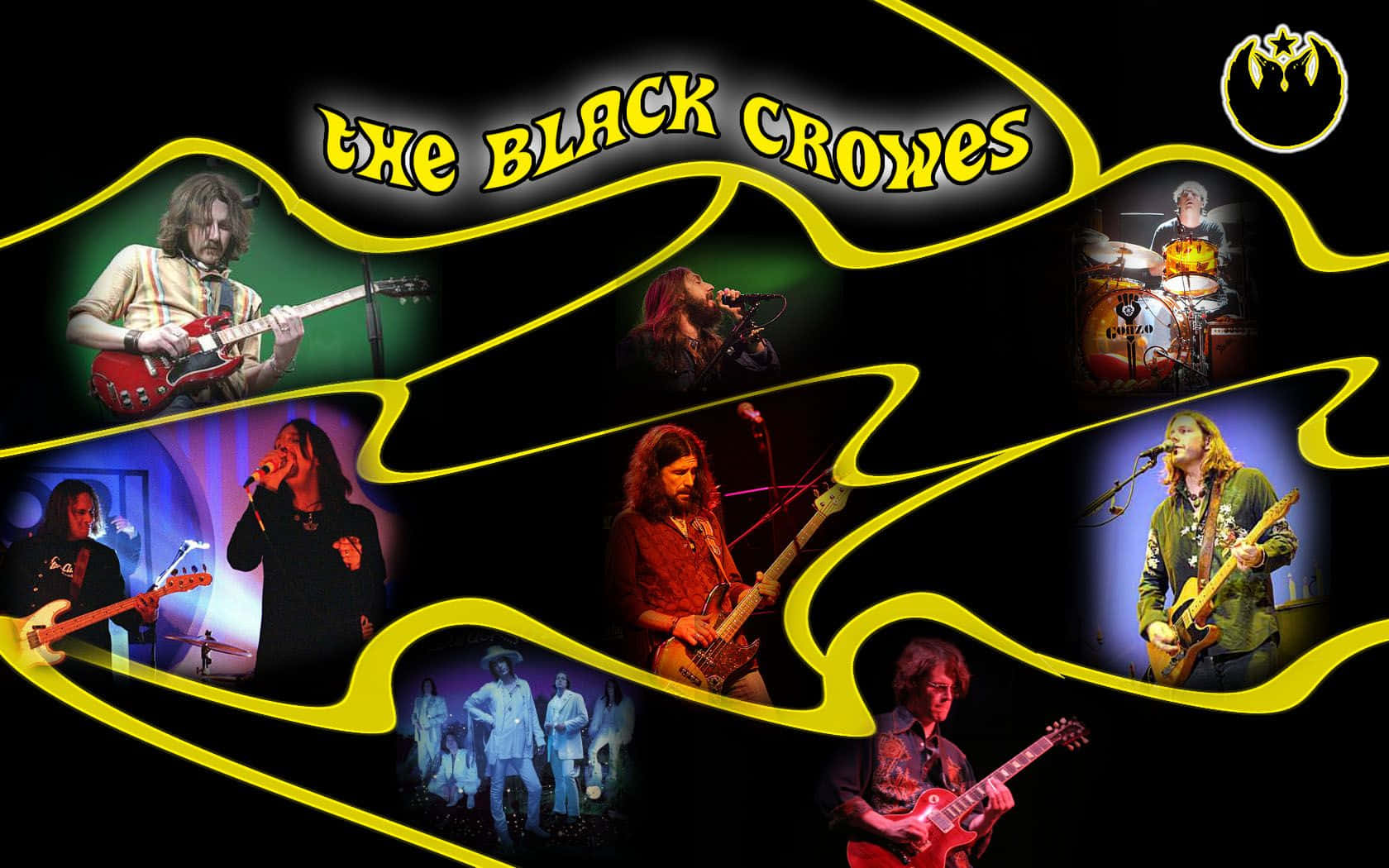Black Crowes 桌布 壁紙 — The Black Crowes 樂隊成員在發光黃色霓虹輪廓下，以電結他和鼓進行現場表演的鮮豔拼貼畫。