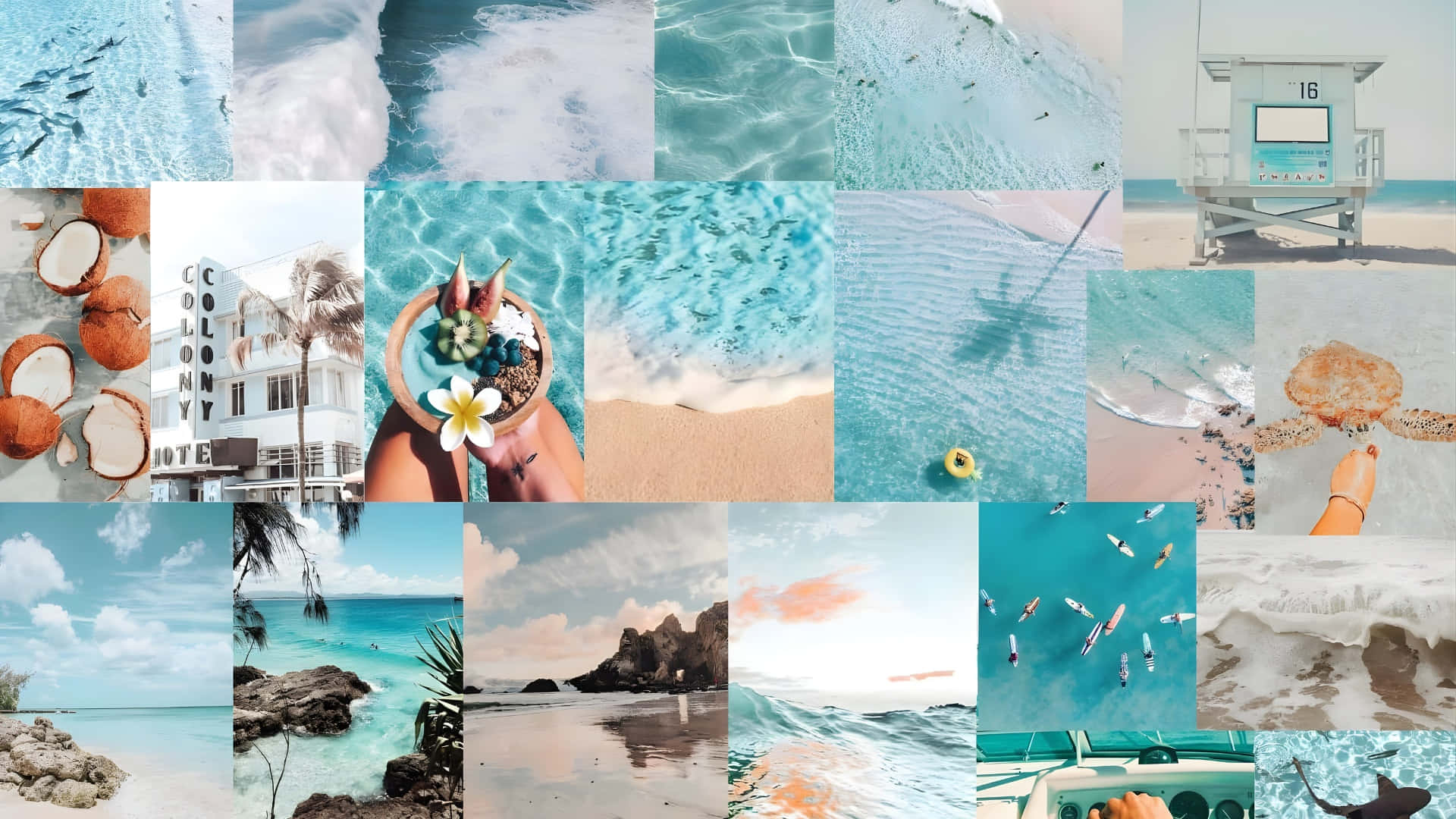  壁紙 — 充滿活力的熱帶海灘場景拼貼畫， featuring 碧綠海水、棕櫚樹、椰子半個和救生塔，在明媚陽光下。