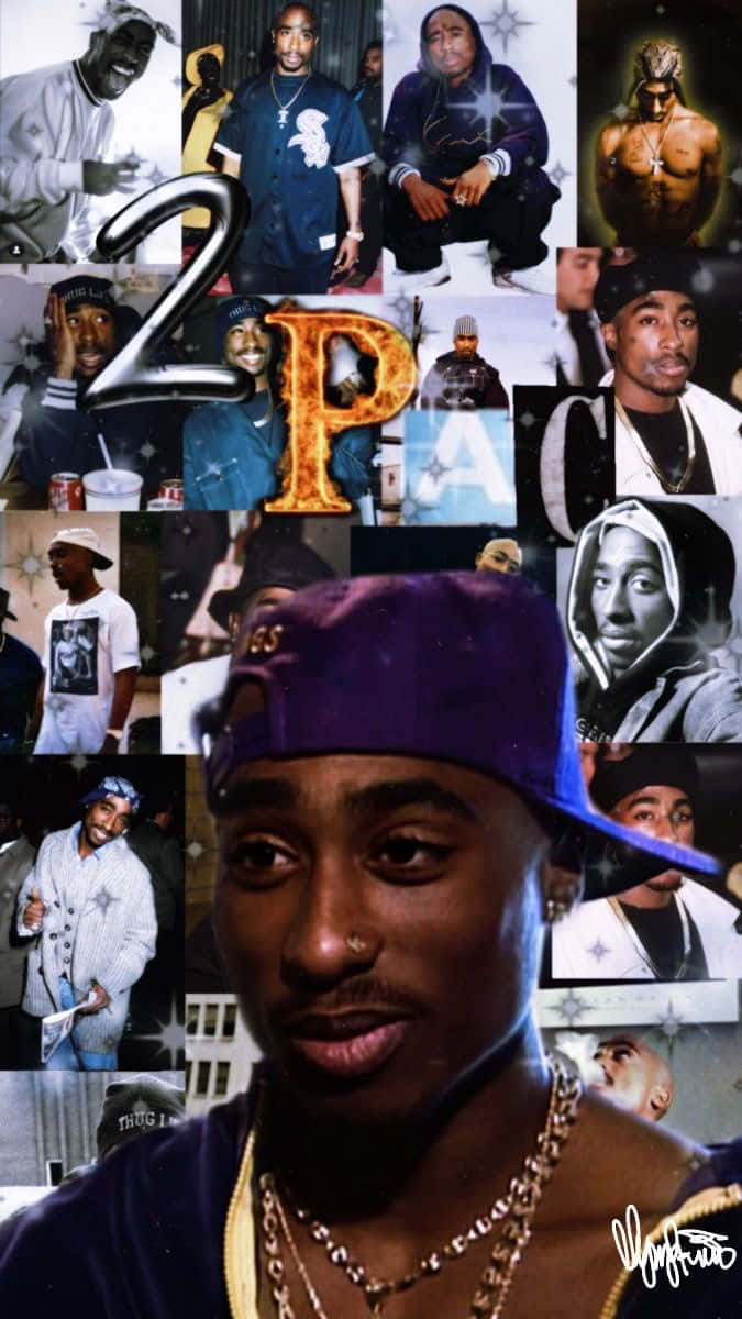  壁紙 — 一張以大型「2PAC」標誌為中心、帶有星爆和金邊裝飾的Tupac Shakur照片拼貼畫。