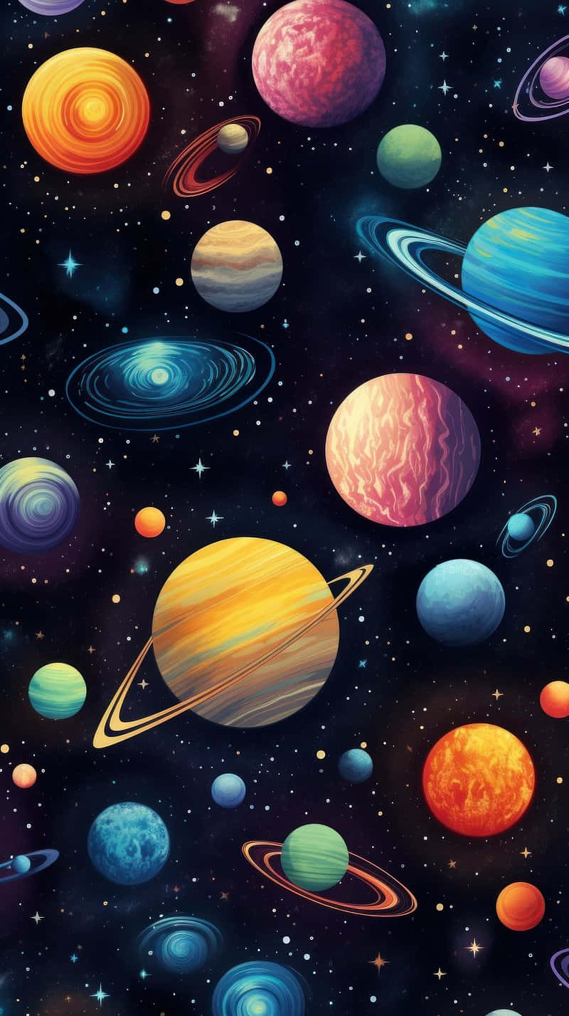  壁紙 — 色彩繽紛、帶有光環的行星在深邃的宇宙中，於閃爍的星星之間漂浮。