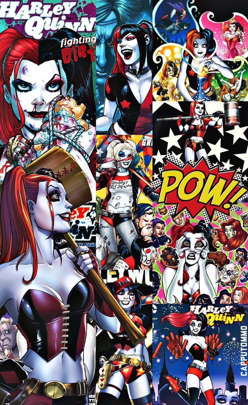  壁紙 — 充滿活力的漫畫拼貼畫， featuring Harley Quinn 以多種動態姿勢呈現，色彩大膽，動作詞彙爆炸性。