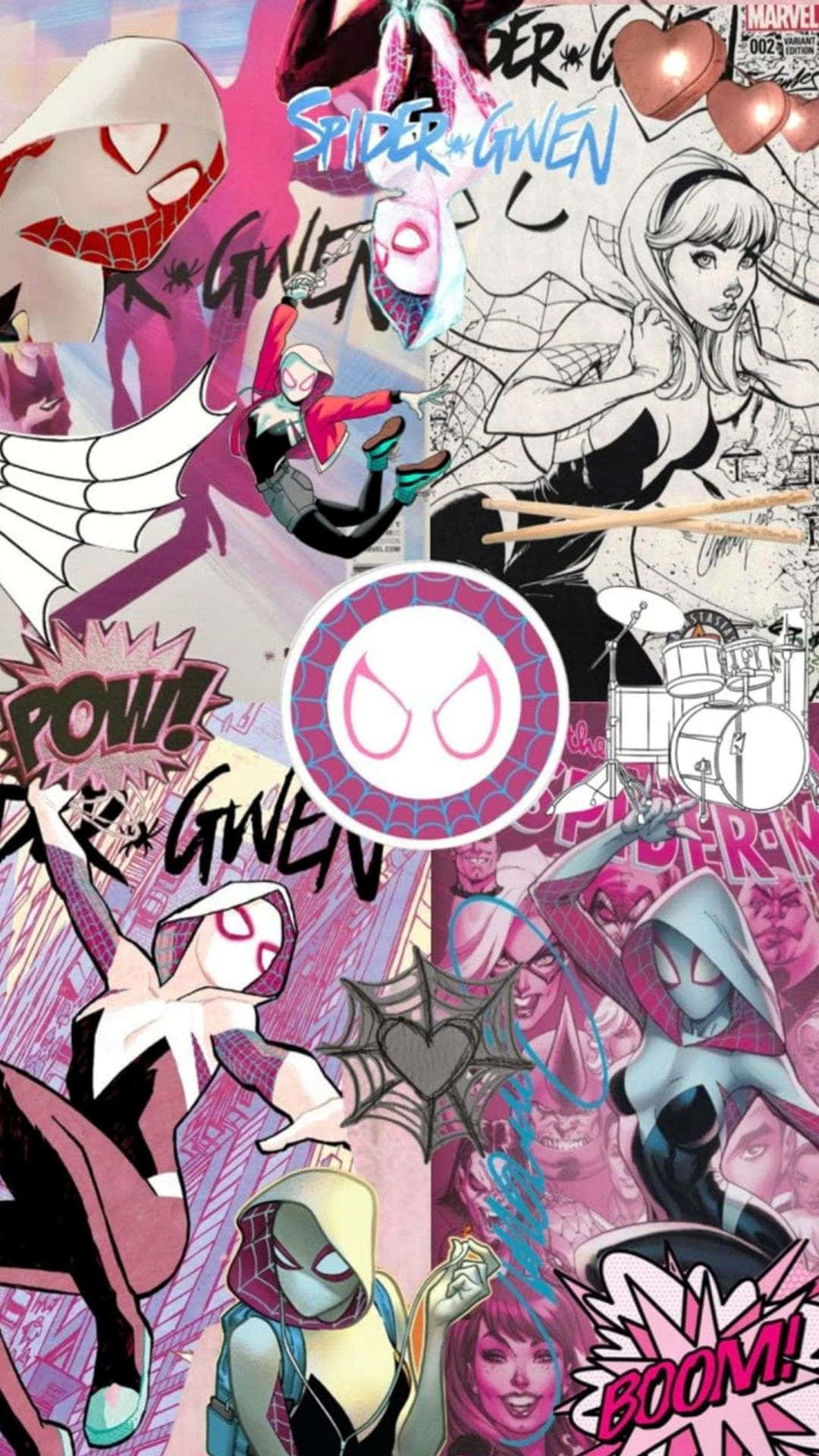  壁紙 — 充滿活力的漫畫書拼貼畫， featuring Spider Gwen 以動態姿勢呈現，搭配大膽的粉紅色、紫色和黑色以及漫畫音效。