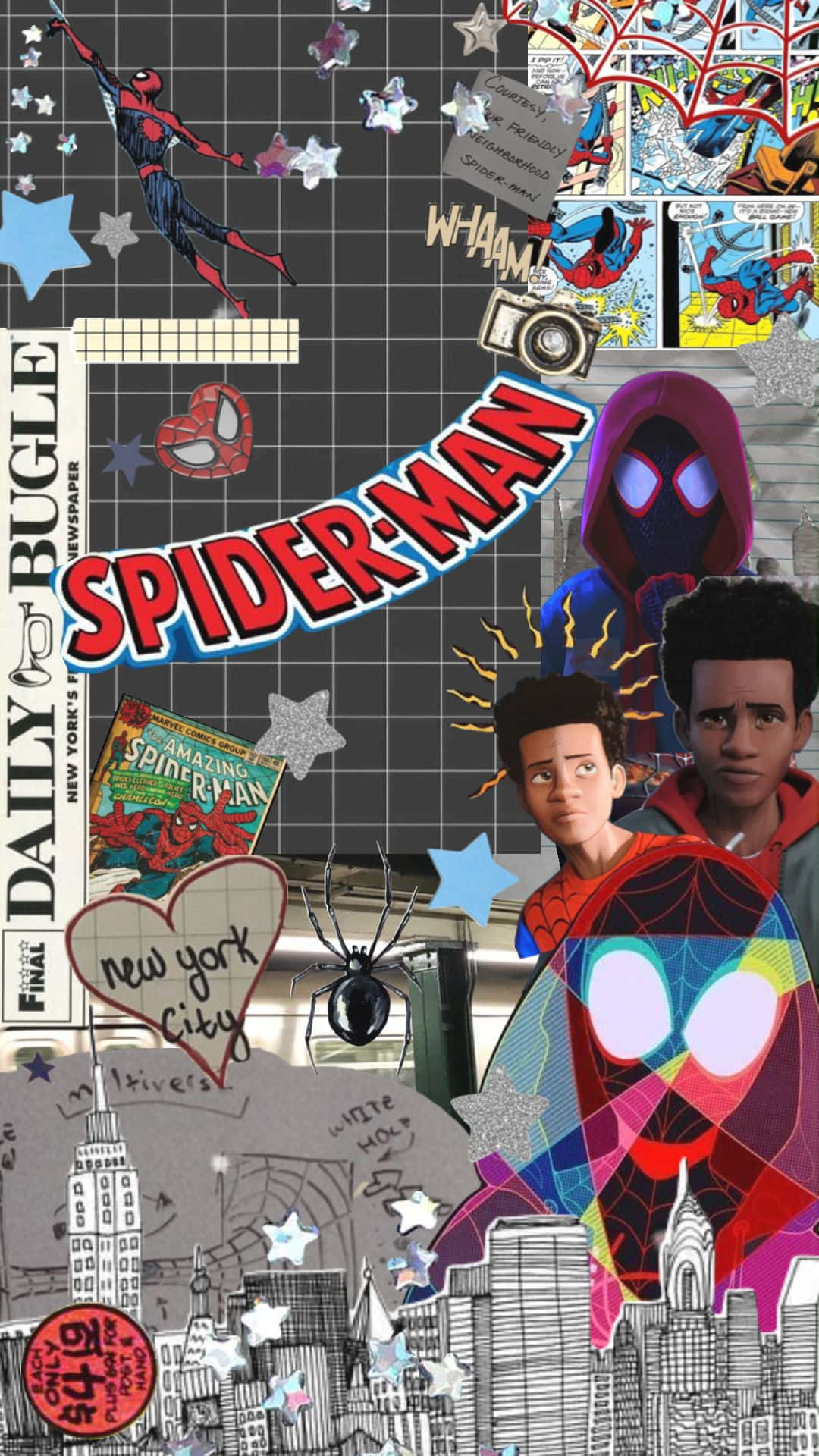 Daily Bugle 桌布 壁紙 — 一幅充滿活力的漫畫拼貼畫，以蜘蛛俠角色和紐約市天際線塗鴉為特色，背景為網格。