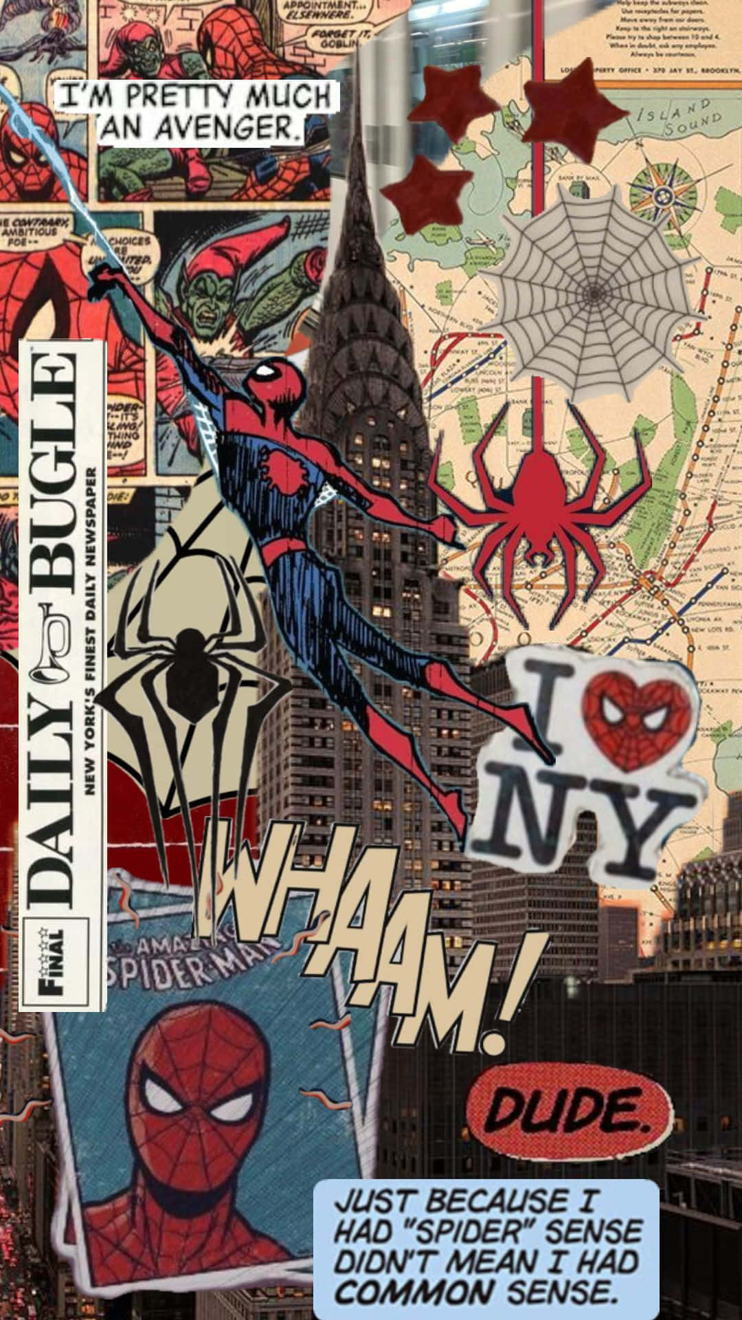Daily Bugle 桌布 壁紙 — 一幅充滿活力的漫畫拼貼畫，蜘蛛俠在紐約天際線上盪來盪去，帶有標誌性地標和粗體文字疊加。