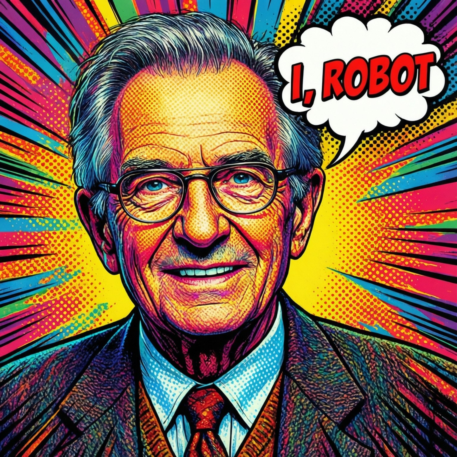 一位身穿西裝戴眼鏡的插畫男子，帶有寫著 I ROBOT 的對話氣泡。