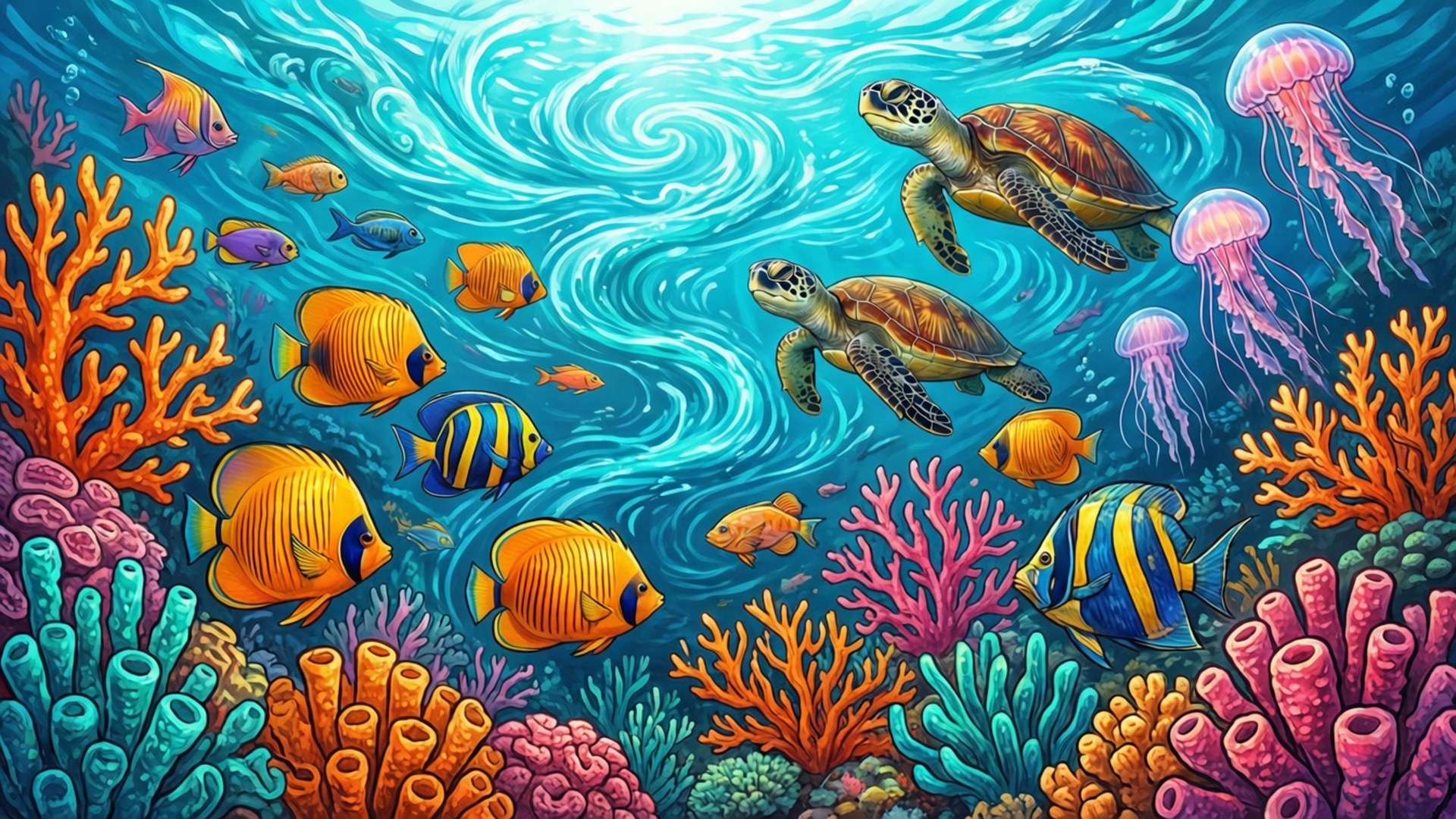 Underwater Reef Doodle 壁紙 — 充滿活力的珊瑚礁，色彩繽紛的魚類和海龜在漩渦般的碧綠海水中游動，伴隨著發光的水母。