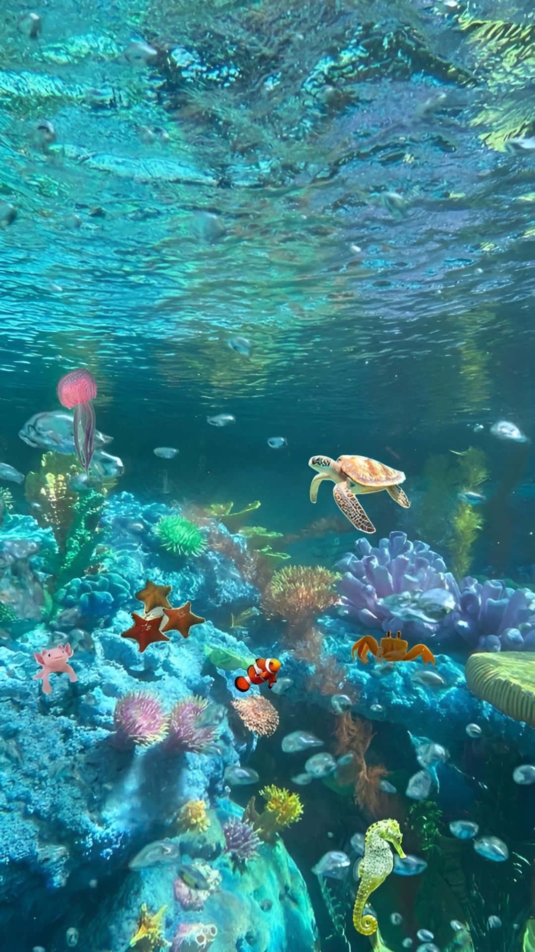  壁紙 — 充滿活力的珊瑚礁，色彩繽紛的魚類、水母和海龜在陽光照射的碧綠海水中游動。