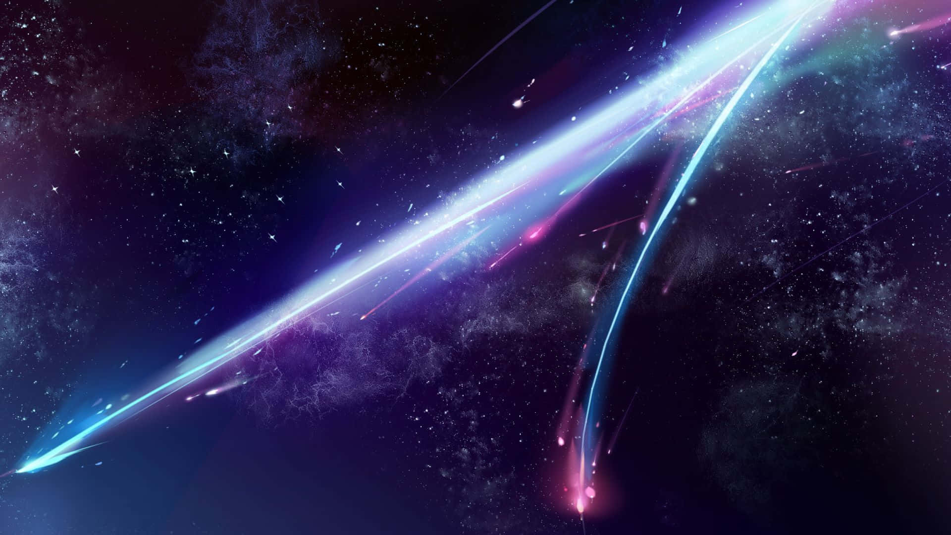  壁紙 — 充滿活力的宇宙光跡劃過深空中佈滿星辰的紫色和藍色星雲。