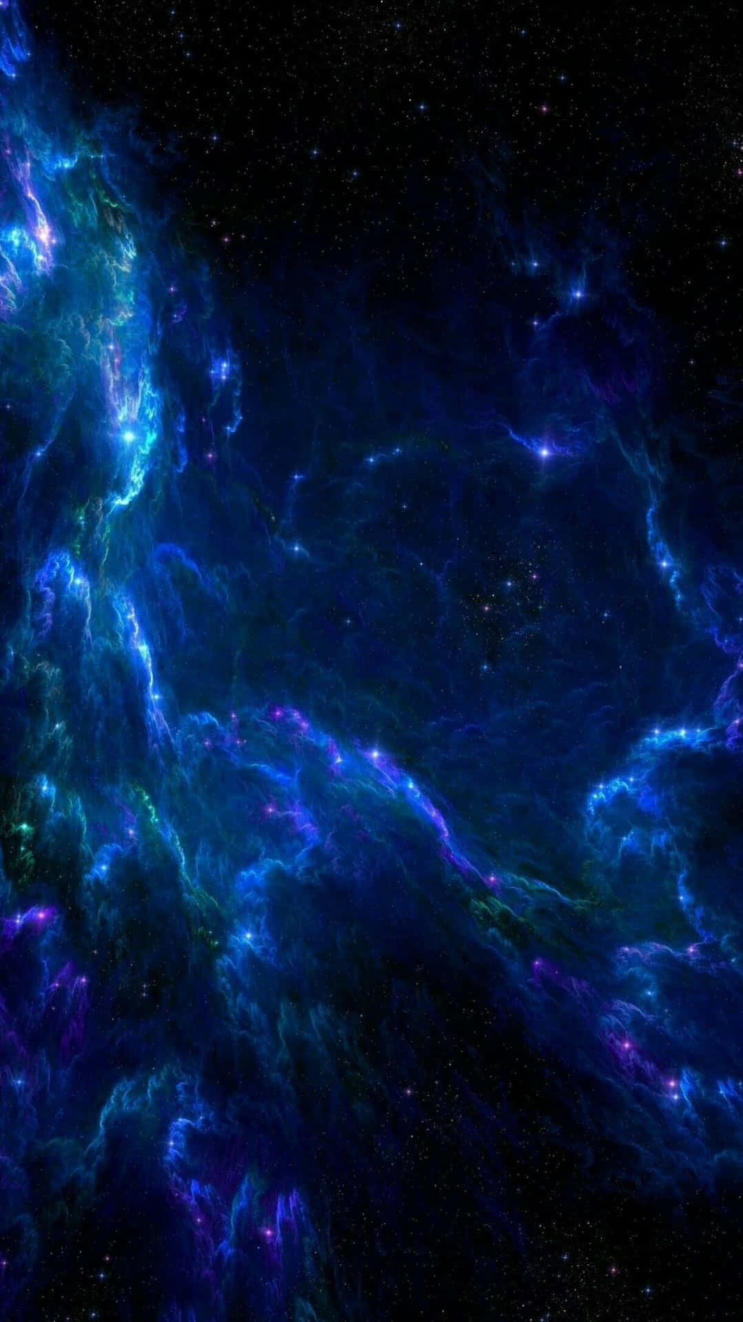  壁紙 — 充滿活力的宇宙星雲在星空背景下以電光藍、紫和綠色旋轉。