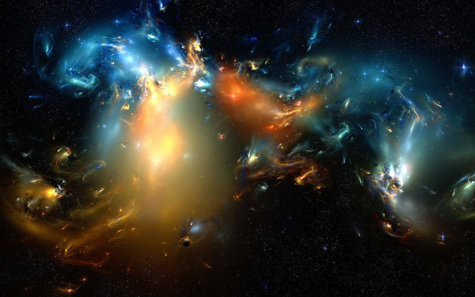 Space Desktop 桌布 壁紙 — 充滿活力的宇宙星雲在佈滿星星的黑色虛空中以火熱的橙色和電光藍色旋轉。