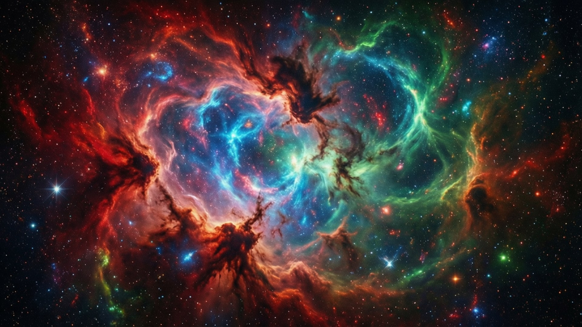 宇宙 桌布 壁紙 — 充滿活力的宇宙星雲在星空中以火紅、電藍和翠綠色漩渦翻騰。