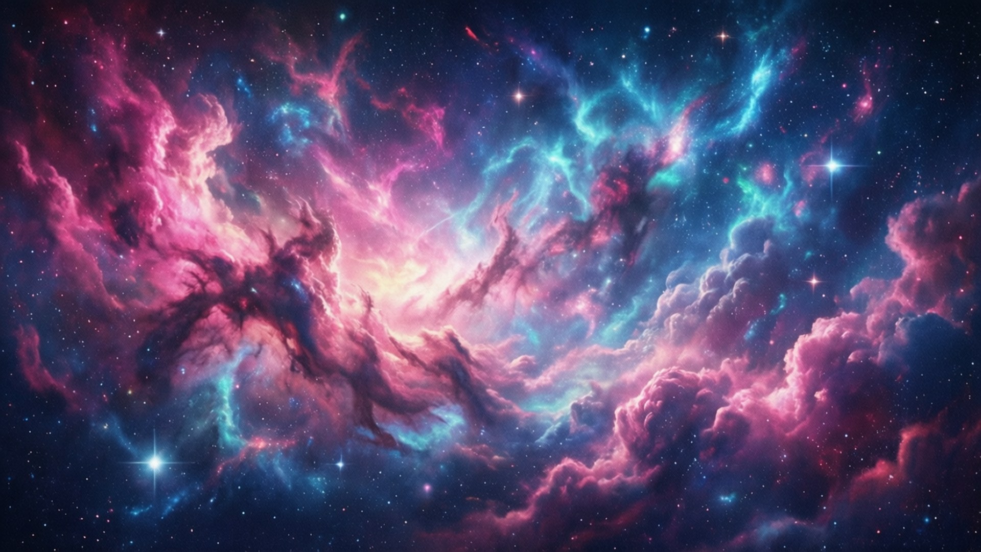 色彩繽紛的宇宙星雲，在深空中呈現粉紅色和藍綠色的雲層和發光的星星。