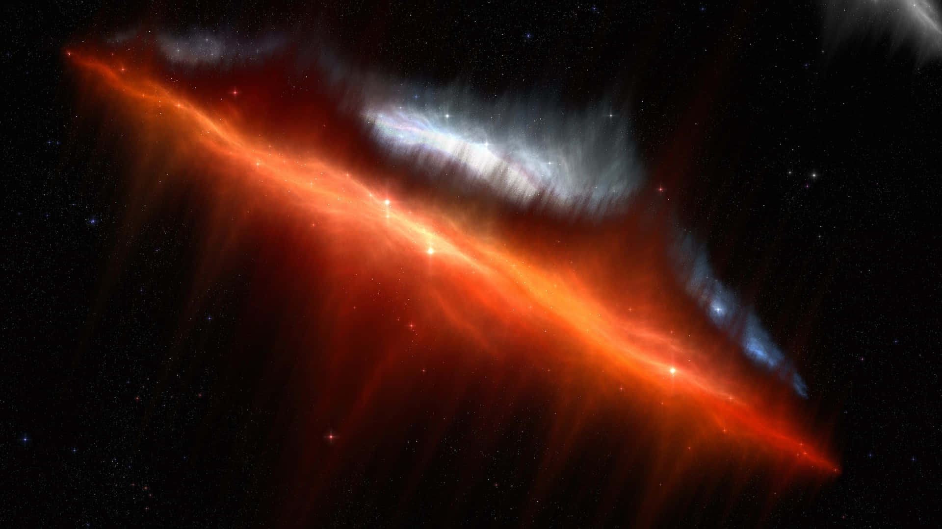 火橙色和藍色的宇宙星雲在繁星點點的黑色天空中發光。