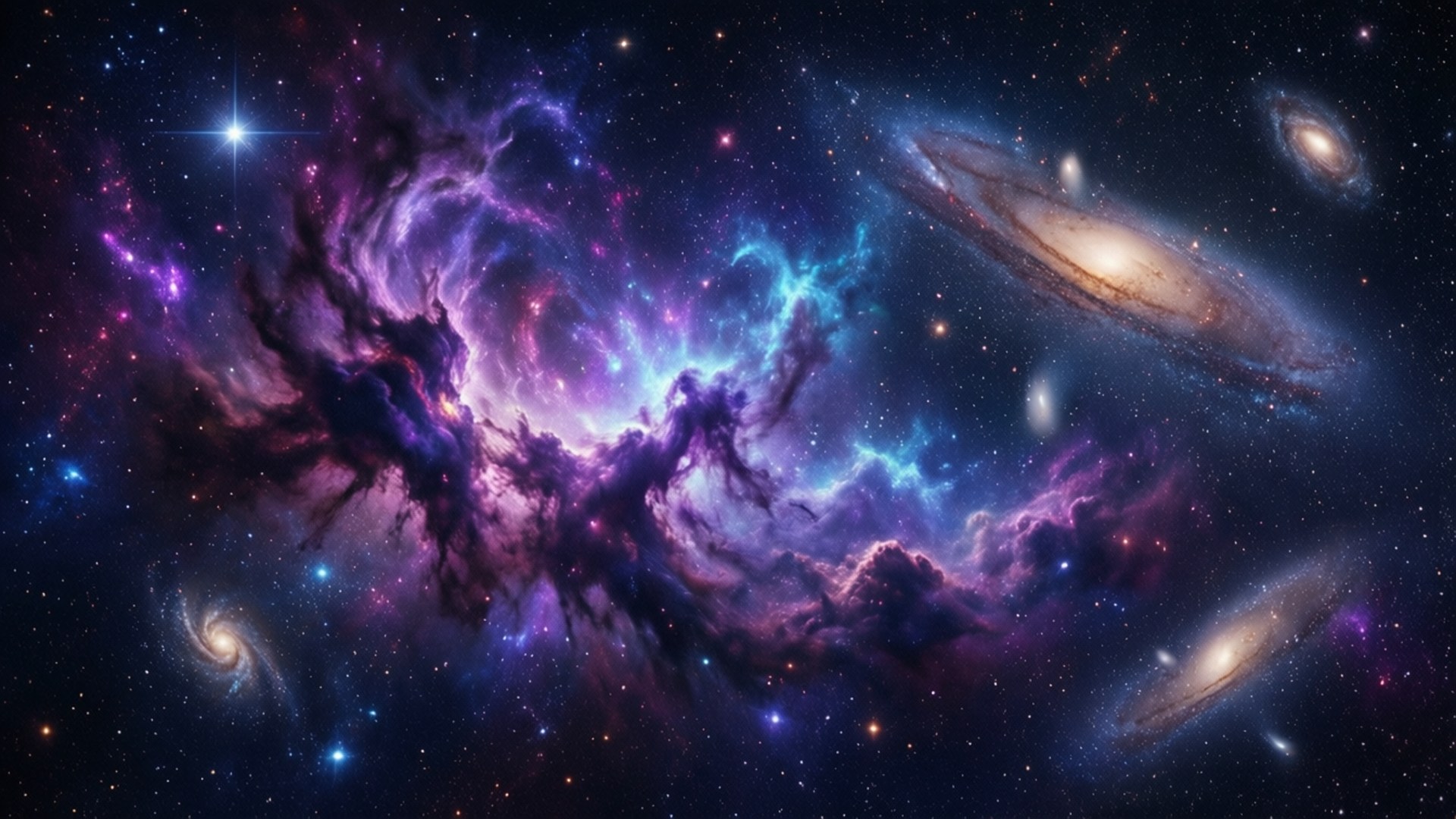 充滿活力的紫色和藍色星雲，在深空中帶有發光的恆星和螺旋星系。