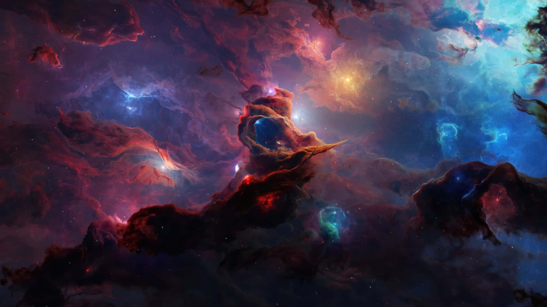  壁紙 — 充滿活力的宇宙星雲，有旋轉的紅色、藍色和紫色雲層，由發光的星星和宇宙塵埃照亮。