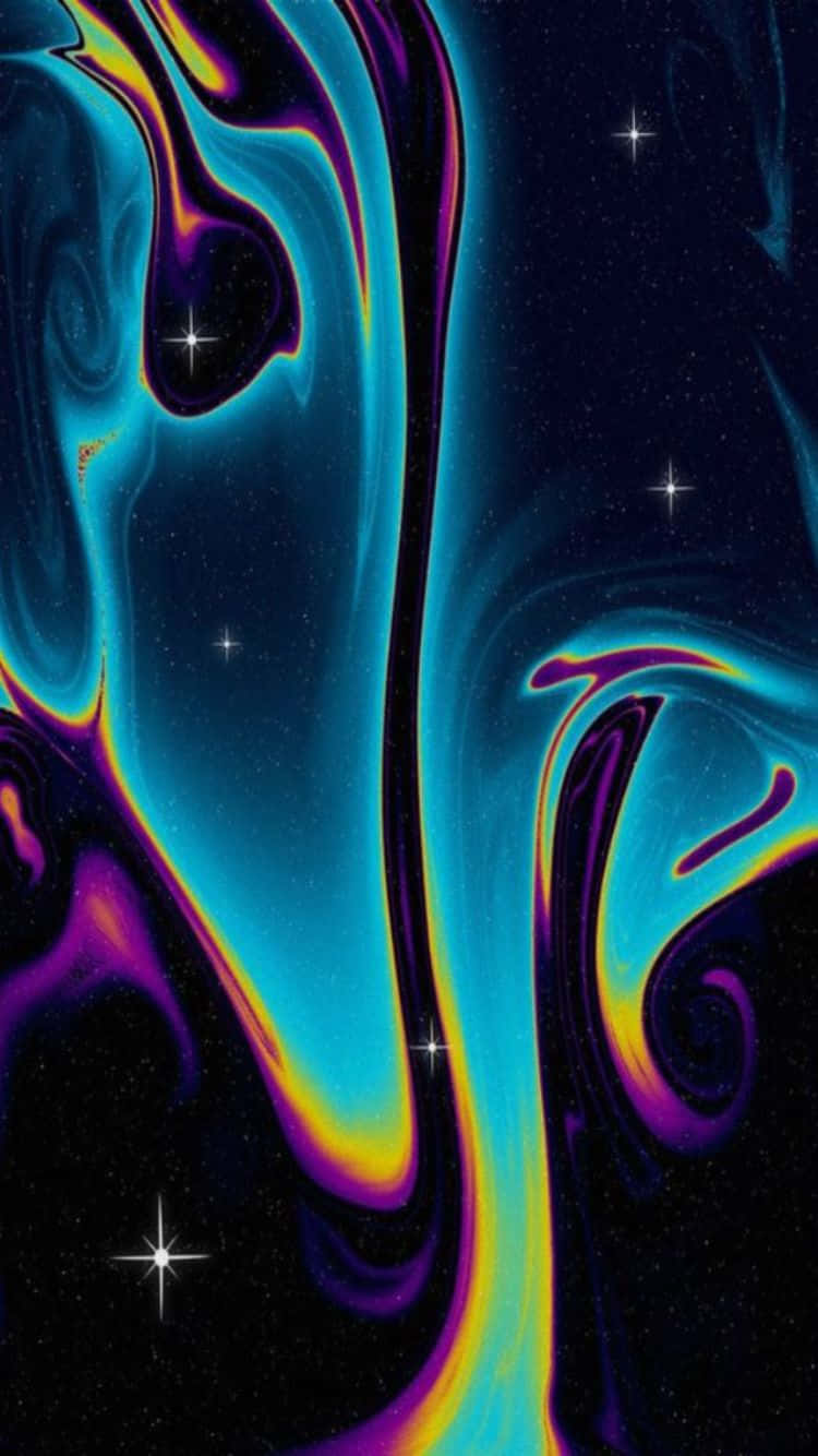  壁紙 — 充滿活力的藍色、紫色和黃色宇宙漩渦在繁星點點的夜空中流動，伴隨著閃爍的星星。