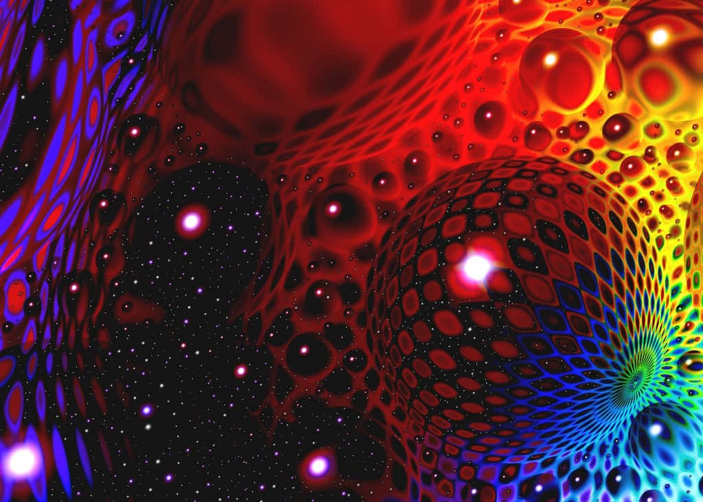 迷幻的宇宙漩渦，帶有發光的球體和星空虛空，呈現鮮豔的紅色、藍色和橙色色調。
