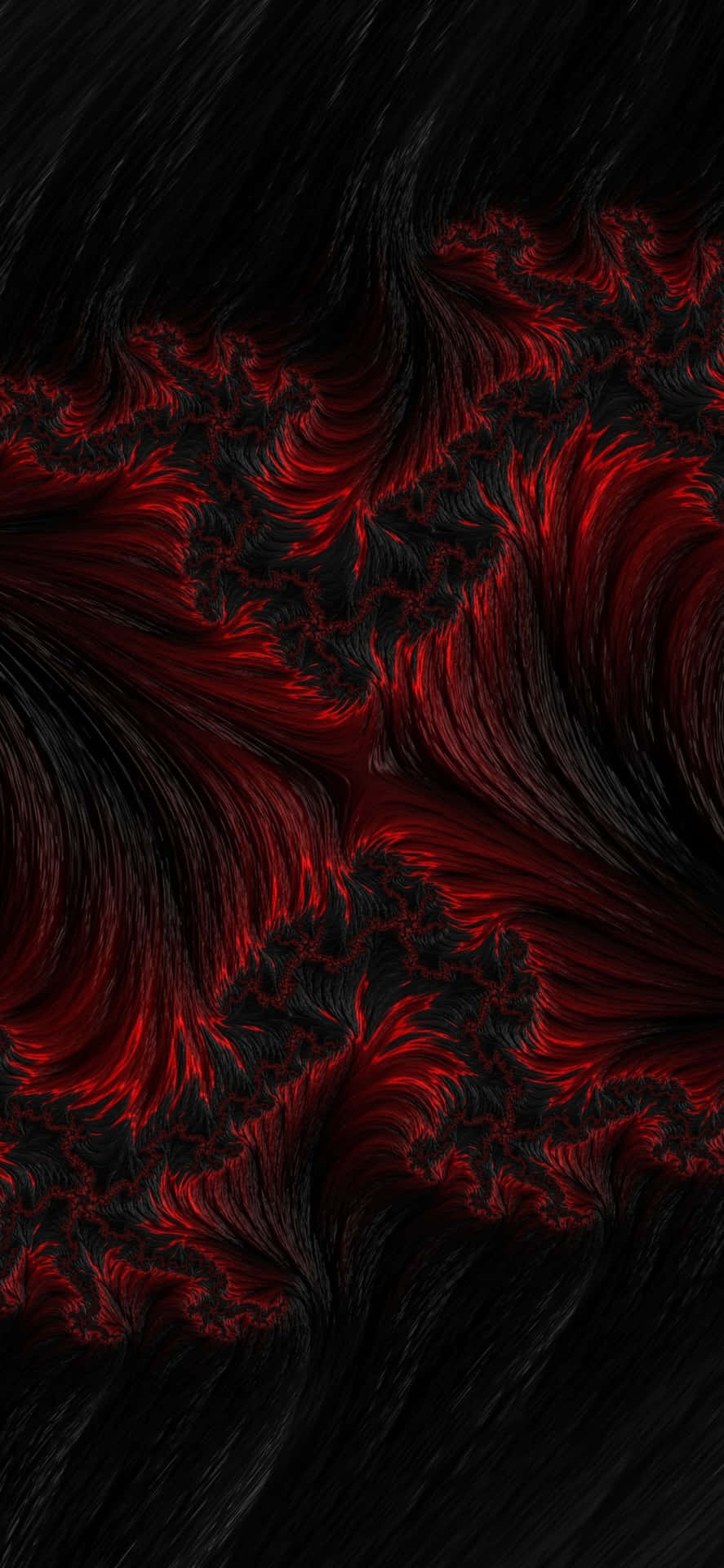 黑色背景上帶有旋轉紅色分形圖案的抽象數位藝術作品。