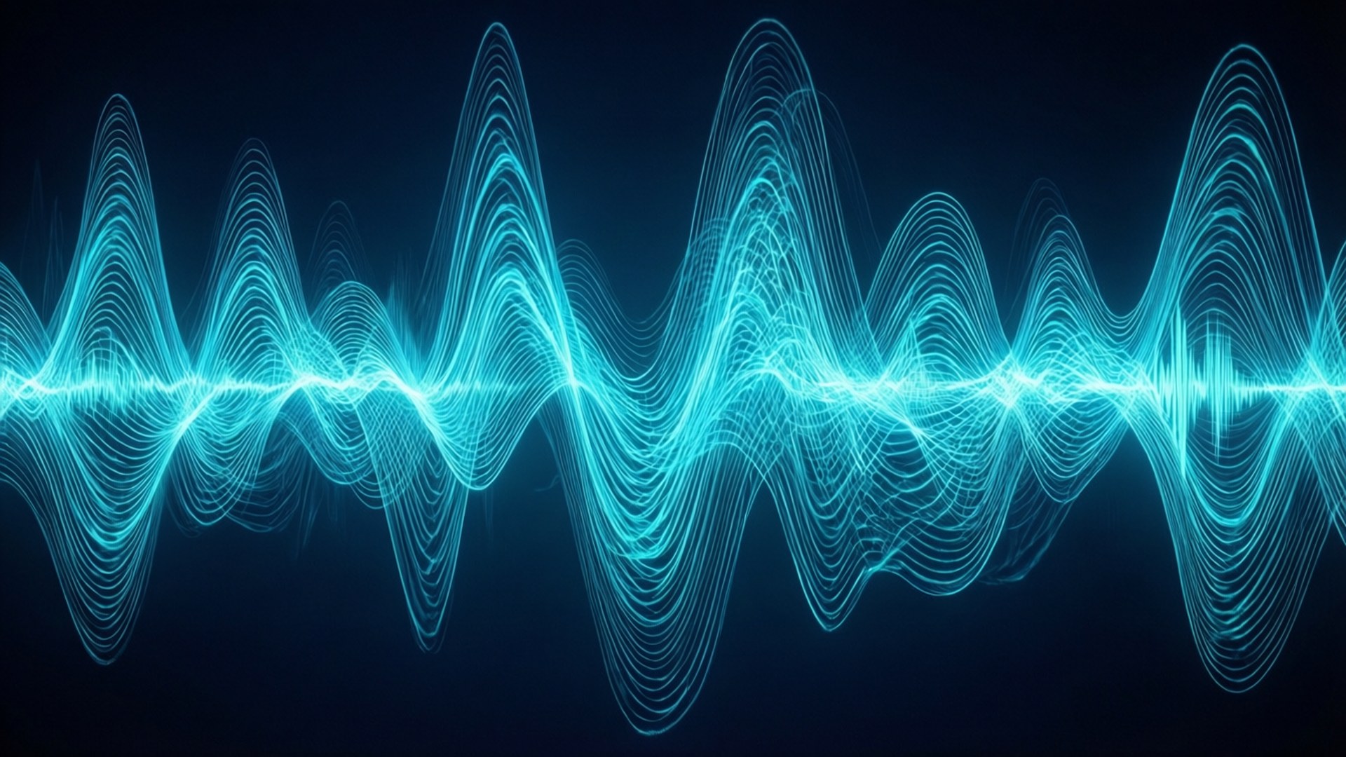 Sound Wave Lux 壁紙 — 鮮豔的青色波形在深色背景上漣漪，如同數位能量在空間中流動。