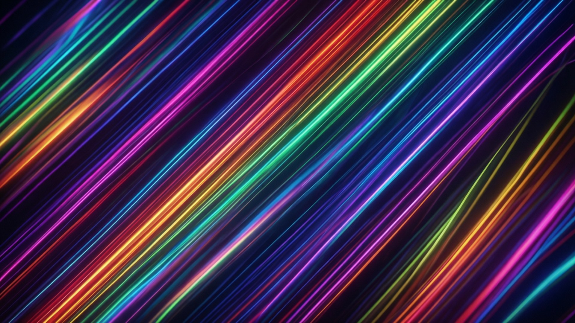 Straight Line 桌布 壁紙 — 充滿活力的彩虹色調對角線霓虹燈條紋在黑暗背景上閃耀，營造出動態的數位光芒。